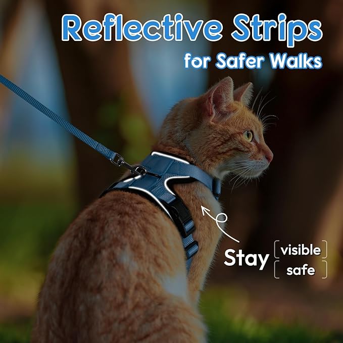 Dooradar Cat Harness and Leash Set, Escape Proof Safe Adjustable Kitten Vest Harnesses for Walking, Easy Control Soft Breathable Mesh Jacket with Reflective Strips for Cats, Light Blue, M