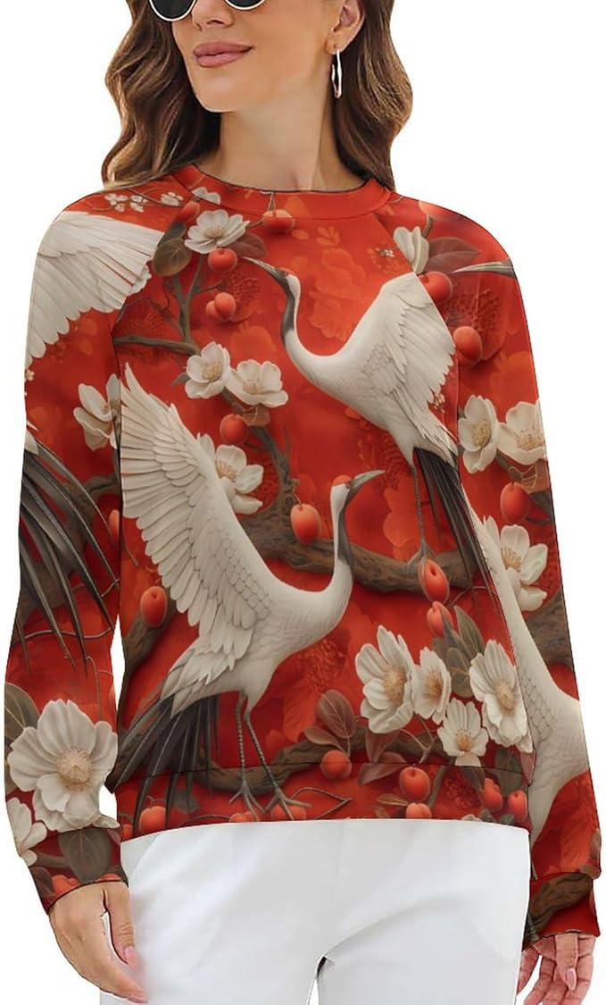 Womens Long Sleeve Tops Y2k Japanese Art Print Sweatshirts Fall Pullover for Women Crewneck Vintage Shirts Boho Tops