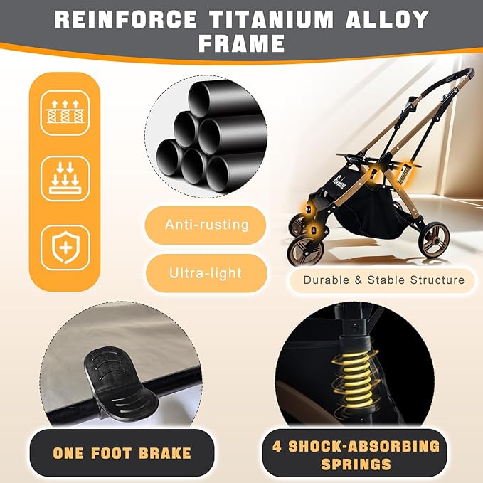 Pet Stroller for Small & Medium Dogs Cats up to 55 lbs 4-in-1 Foldable Travel Pet Stroller with Detachable Carrier Lightweight All-Terrain Spring Damping,Car Seat,Sun Canopy,Khaki