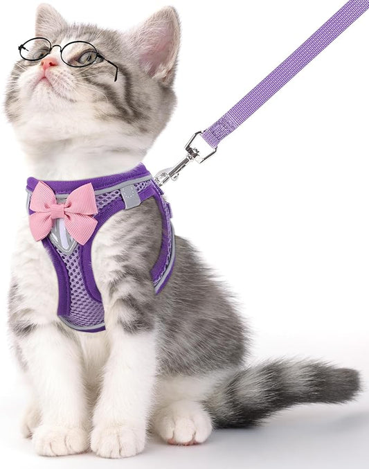 Cat Vest Harness and Leash Set for Walking Escape Proof, Adjustable Kitten Harness Breathable Mesh with Reflective Strips Harness for Kitty Puppy Bunny (Purple, XS)
