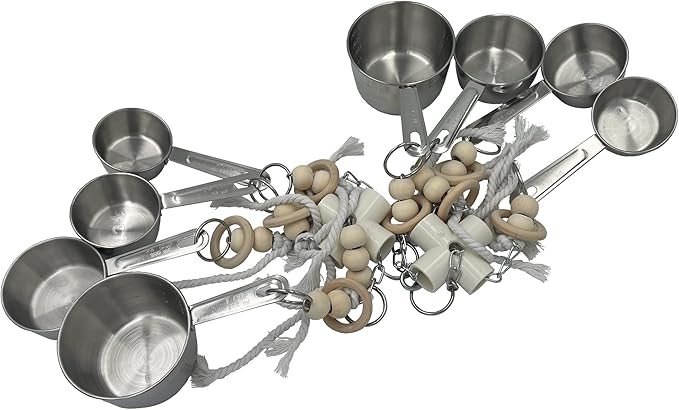 Durable Stainless Steel Pots & Wooden Beads Parrot Toys - Pullable 8 Metallic Cups & 8 Natural Dye-Free Rings for Large & Extra Large Parrots Macaws Amazons African Greys Cockatoos Eclectus