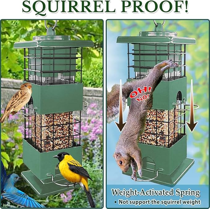 Squirrel Proof Bird Feeder, Metal Bird Feeders for Outdoors, 3Lbs Birdfeeder Outside Hanging, Weight Activated Spring, 4 Feeding Ports, Cardinals, Finches & Sparrows, Wild Birds (Green)