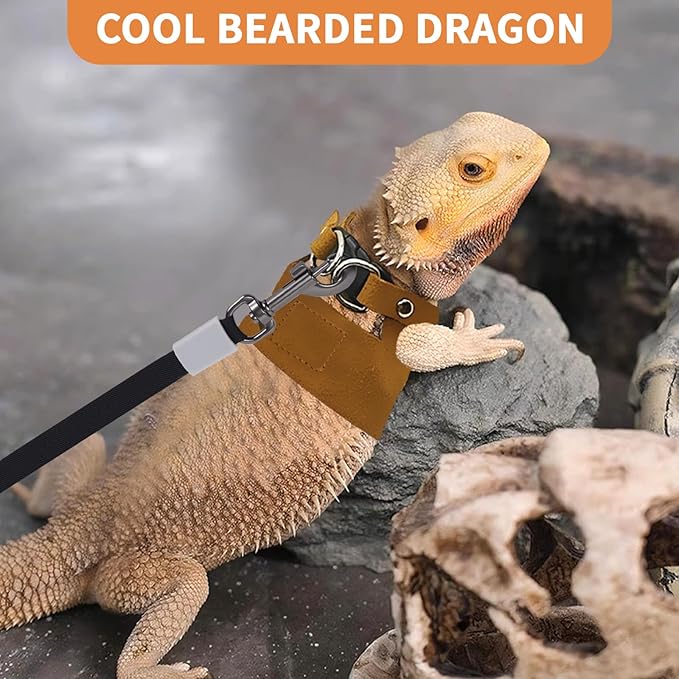 3 Pack Bearded Dragon Leash and Harness Set, Retractable 9.8FT Leash with 3 Sizes Adjustable Soft Harness for Reptile Small Animals Walking, Cute Lizard Vest Clothes for Reptile Lovers -Brown