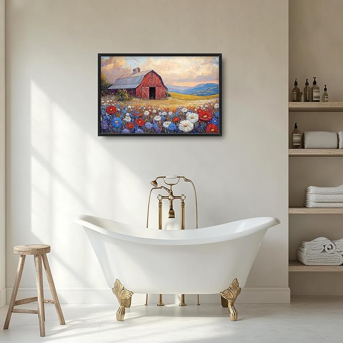 Large Farmhouse Barn Daisy Wall Art for Living Room, Floral Landscape Canvas Oversized Wall Decor, Flower Scenery Framed Pictures Painting Print Artwork for Bedroom Office 36"L x 24"W
