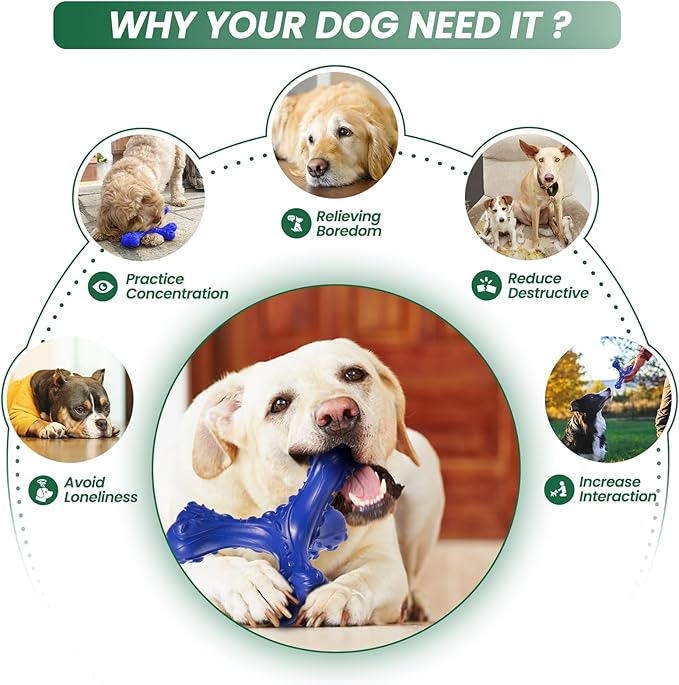 Dog Chew Toys for Aggressive Chewers Large Breed,Indestructible Bones Toy，Durable Cleaning Toothbrush Natural Rubber Dog Toys… (Deep Blue)