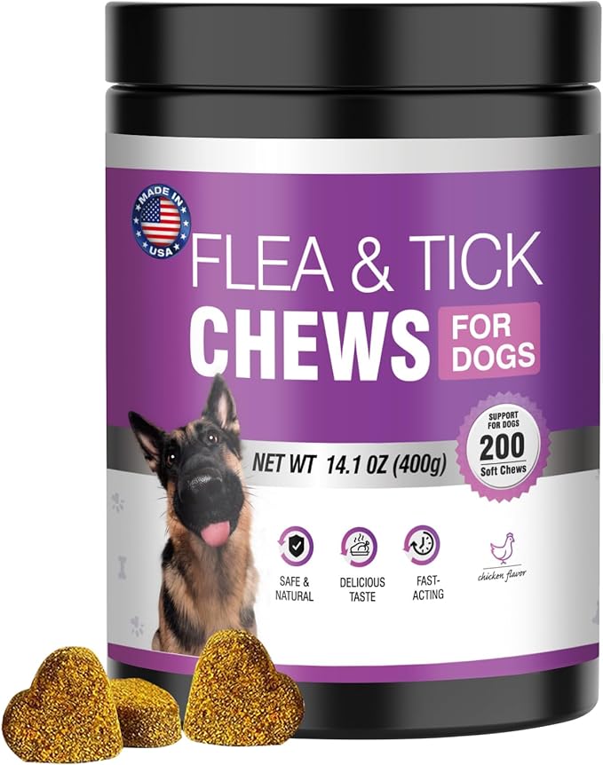 Dog Flea and Tick Treatment Chewable 200 Treatment Chews Natural Soft Chew Fleas Ticks Treatment Dog Oral Chewables Support Supplement Pest Defense Breeds and Ages Dogs Chicken Flavor
