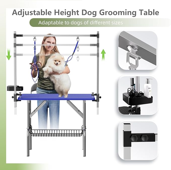 VFK 36''/47''Large Dog Grooming Table, Foldable Pet Station at Home, Dog Grooming Table,Adjustable Cat Drying Desktop with Arms, Nooses, Mesh Tray (Stainless Steel pet Table, 36" Blue)