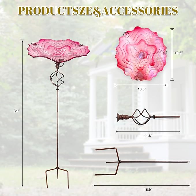 HONGLAND 31" Red Glass Bird Bath with Sturdy Metal Stake, Secure Freestanding Birdbath for Outdoors, Garden, Patio, and Yard Ornament