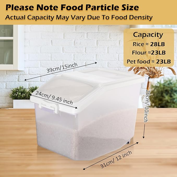 Sunnyray 4 Pcs Rice Storage Container 27.5 lb Airtight Flour Container with Wheels Measuring Cup White Pet Food Dog Cat Birds Food Bin Grain Cereal Organizer Box for Dry Baking Supplies