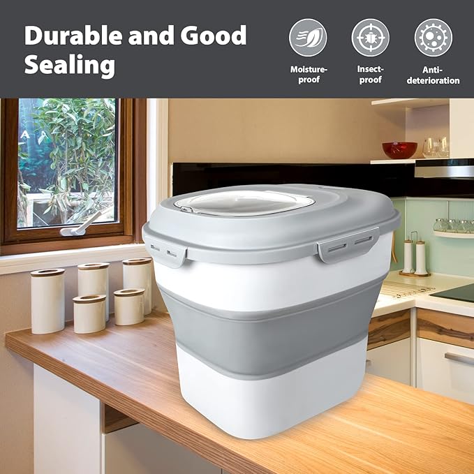 Cereal Rice Storage Containers, 20 to 50Lbs Collapsible Dry Food Dispenser Bins with Airtight Flip Lid Rolling Wheel, Kitchen Pantry to Store Sugar Flour, Dog Pet Cat Food Holder Container