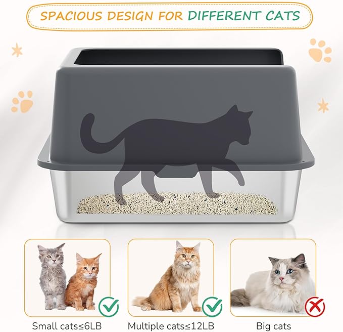 Stainless Steel cat Litter Box, Covered Metal Litter Box, cat Litter Pans with high Sides, Kitty Litter Boxes for Indoor Cats (Non Sticky, Easy to Clean, Anti-Urine Leakage) 17.5" L x 13.5" W x 6" H