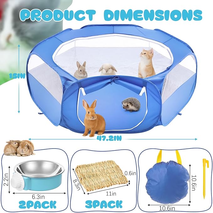 16 Pcs Large Rabbit Starter Kit, 47.2" x 47.2" x 15" Waterproof Rabbit Playpen, Animal Grooming Kit, Storage Bag, Food Water Bowls, Grass Rugs for Bunny, Adult Guinea Pigs, Ferret, Hamster