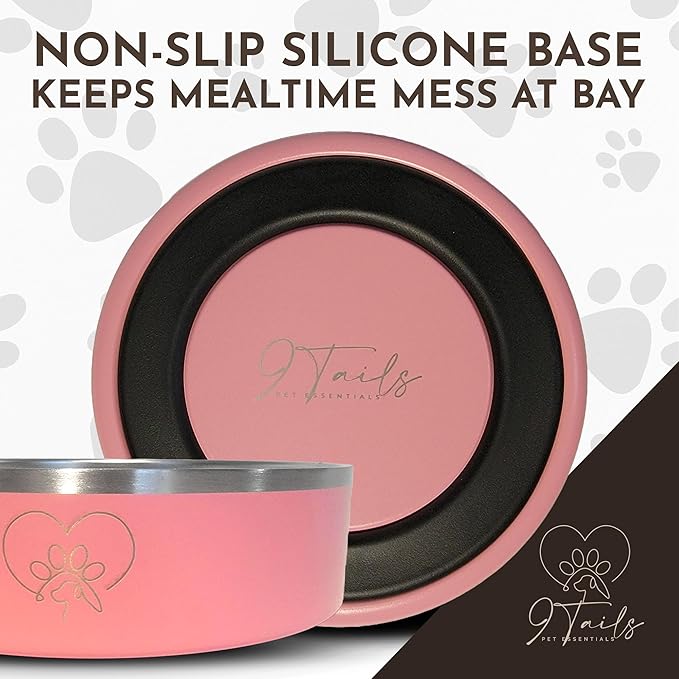 9 Tails Watering Hole- Stainless Steel Dog Bowl, Insulated Dog Bowls, Non Slip, Diswasher Safe, Cats, Dog Food Bowls, Dog Water Bowl, Puppy Dog Bowl for Small Medium Dogs (Pink, 18 oz)