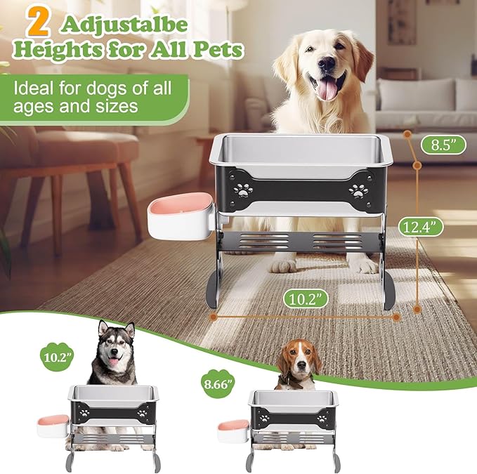 1.5 Gallon Elevated Large Dog Water Bowl, 2 Height Adjustable Stainless Steel Raised Dog Water Bowl Stand for Large Breed, Metal Pet Bowl Stand for Relief Joint Pressure, Easy Clean (Black)
