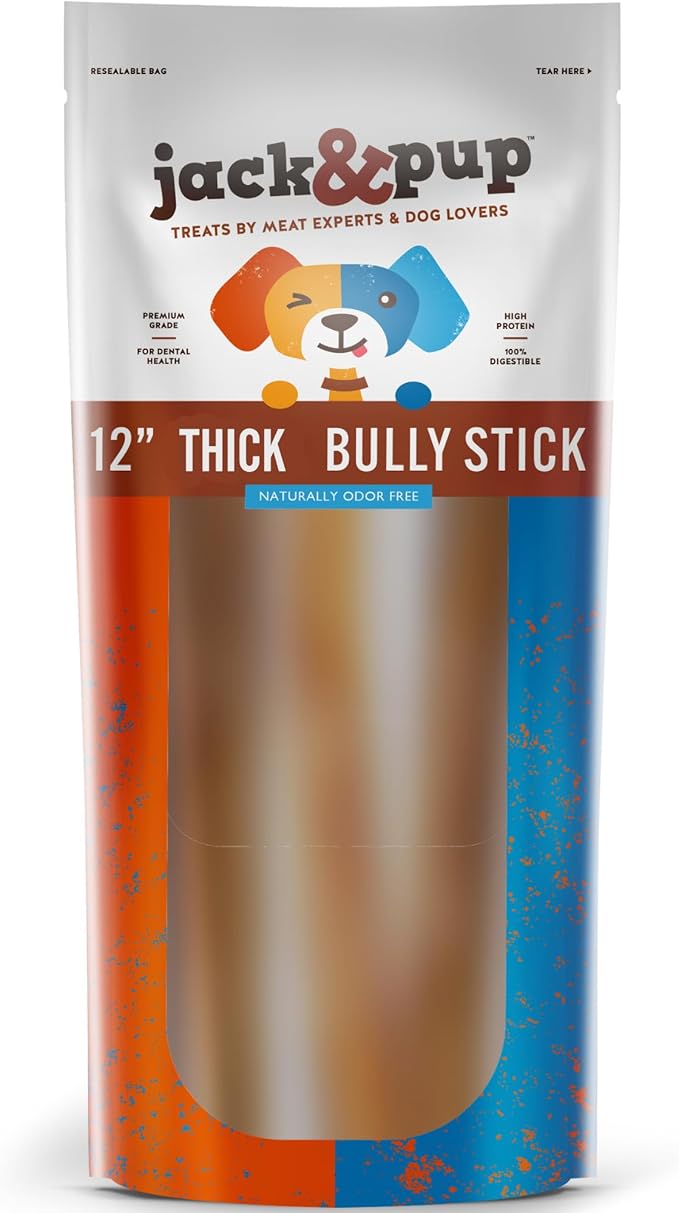 Jack&Pup 12 Inch Bully Sticks for Large Dogs (5 Pack) Thick Odor Free Bully Sticks, Long Lasting Pizzle Sticks for Dogs