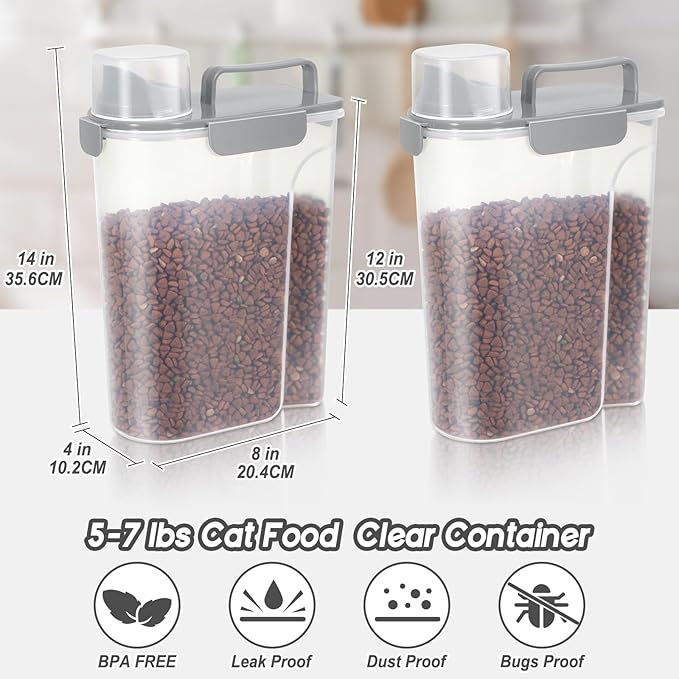 5Lbs Airtight Cat Dog Food Storage Container With Upgraded Large Nozzle, BPA-Free Pet Food Storage Containers For Rice, Grain, Pet Food, Flour Dog Treat Storage-2Pack Grey