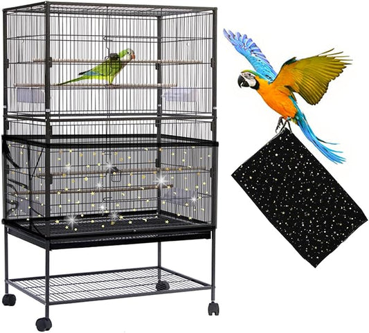 Daoeny Large Bird Cage Cover, Bird Cage Seed Catcher, Adjustable Soft Nylon Mesh Net with Twinkle Moon Star, Birdcage Cover Skirt Seed Guard for Parrot Parakeet Macaw Round Square Cages (Black)