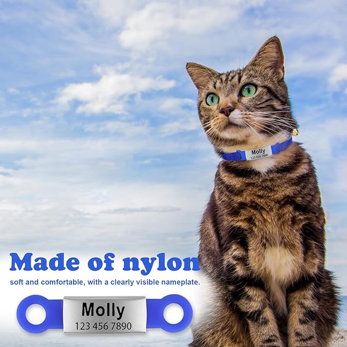Personalized Engraved Cat Collar Multiple Colors with Slide-in Pet ID Tag Adjustable Detachable Design Colorful Nylon Soft and Durable 2/5" Wide，7"-11" Long (Colorful)