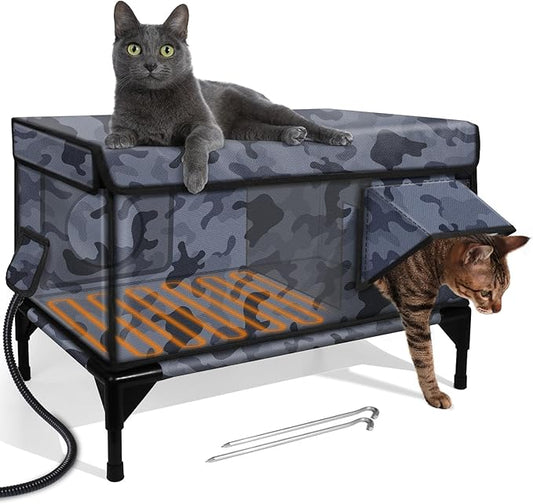 Premium Heated Cat House for Outside Cats, 100% Weatherproof & Windproof Escape Door, Elevated Base, Winter Insulated Feral Stray Outdoor Cat Shelter with Heater