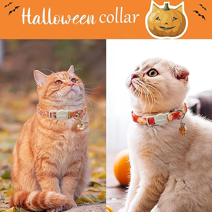 ARING PET 2 Pack Cat Collars, Breakaway Cotton Fall Halloween Kitten Collar with Bells for Girl Boy Cats Floral & Orange Plaid