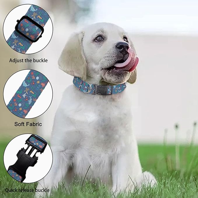 Ocean World Dog Collar Sea Shark Turtle Seahorse Octopus Jellyfish Dolphin Pet Neck Strap for Small Medium Large Dogs Soft Adjustable Buckle
