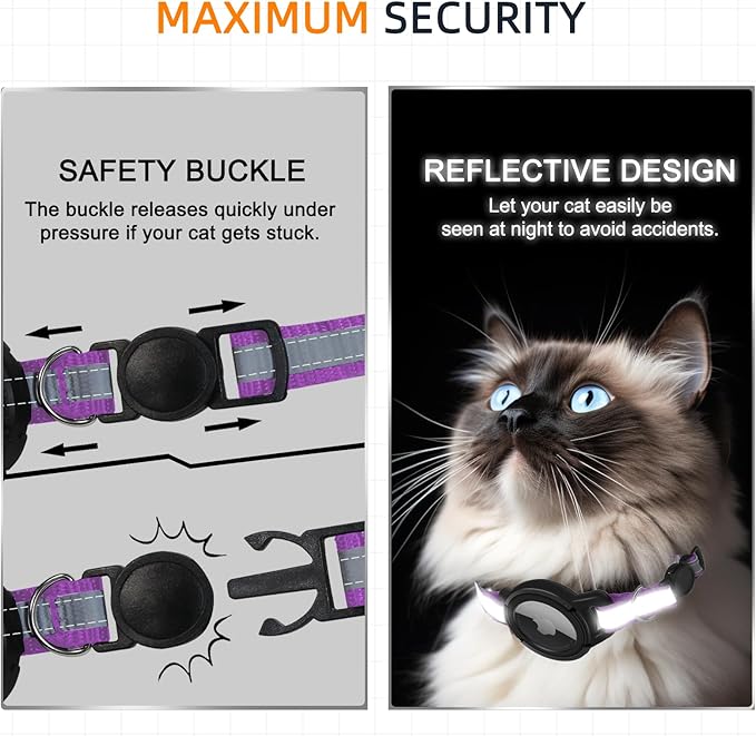 Airtag Cat Collar Breakaway, Odokele Reflective Cats Collars with Apple Air Tag Holder for Kitten, Cat GPS Tracker Adjustable Collars with Safety Quick Release Buckle for Kitties and Puppies - Purple