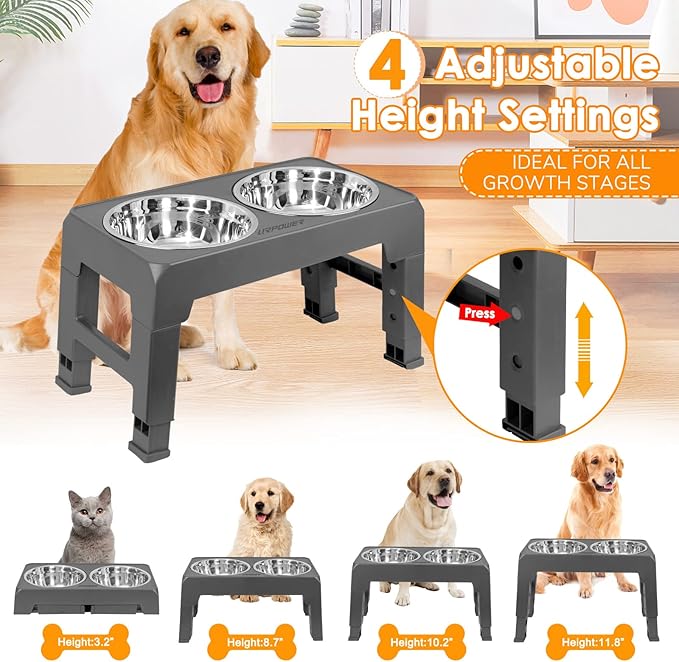 URPOWER Elevated Dog Bowls 4 Height Adjustable Raised Dog Bowl with 2 Stainless Steel Food and Water Bowls Non-Slip Bowl Stand Adjusts to 3.2”,8.7”,10.2”,11.8”for Small Medium Large Dogs and Pets