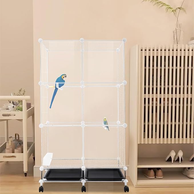 49" H Wrought Iron Bird Cage Parrot Cage, 3-Tier Movable Birdcage Parakeet Cage w/Wheels, 360° View Spacious Interactive Bird House Pet Bird Flight Cage for Medium&Small Birds (Transparent)