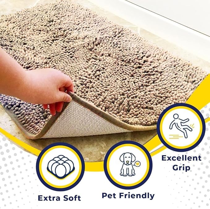 Muddy Mat® AS-SEEN-ON-TV Highly Absorbent Microfiber Door Mat and Pet Rug, Non Slip Thick Washable Area and Bath Mat Soft Chenille for Kitchen Bathroom Bedroom Indoor and Outdoor - Beige 35" x 60"