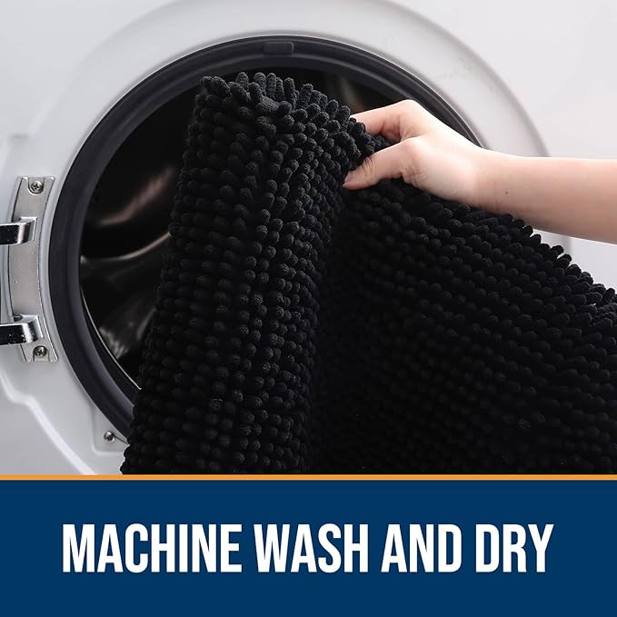 OLANLY Dog Door Mat for Muddy Paws 47x17, Absorbs Moisture and Dirt, Absorbent Non-Slip Washable Doormat, Quick Dry Chenille Mud Mat for Dogs, Entry Indoor Entryway Carpet for Inside Floor, Black