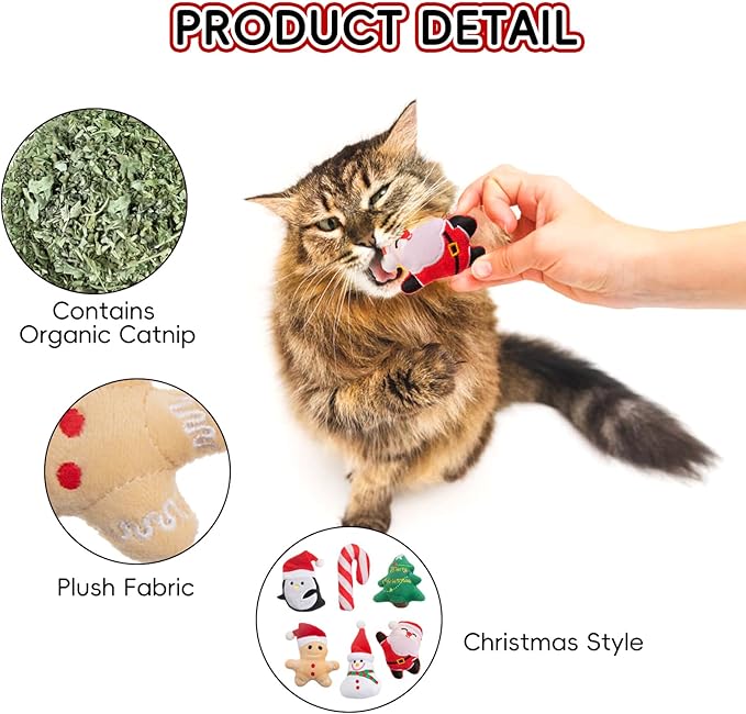 6pcs Christmas Catnip Toy，Indoor Santa Claus Snowman Tree Shaped Cat Toy Plush Interactive Chew Bite Toys for Cat Kitten Indoor Festive Holiday Cat Lover Gift