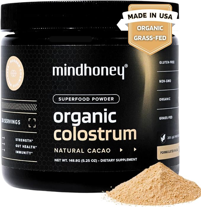 MINDHONEY Organic Colostrum | Premium Cacao Flavored Superfood Powder | Gut Health & Immunity, Skin & Hair, Anti-Aging, Performance & Recovery | Grass-Fed, Pasture-Raised | 30 Servings
