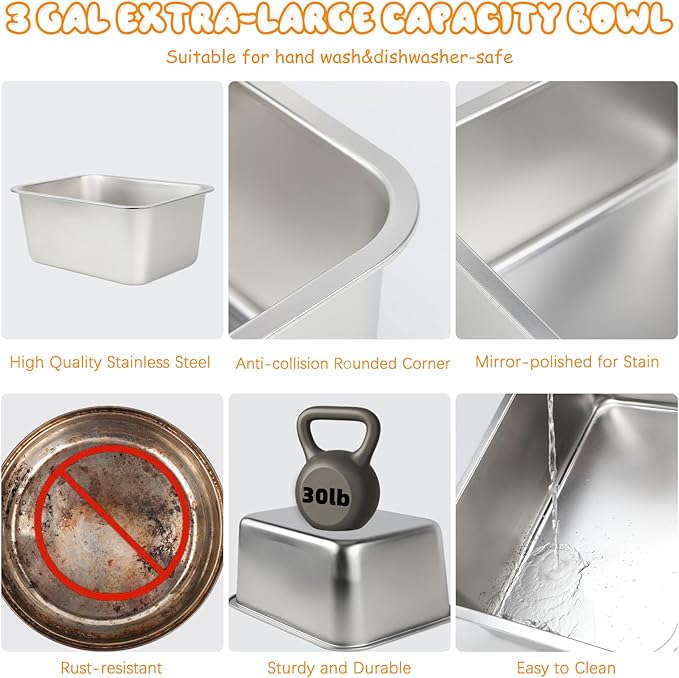 BWOGUE 3 Gal Elevated Large Dog Water Bowl, Raised Stainless Steel Bowl Stand Large Breed, 4 Height Adjustable (9", 11", 13", 15") Non-slip Dog Feeding Station for Joint Pressure Relief Indoor Outdoor