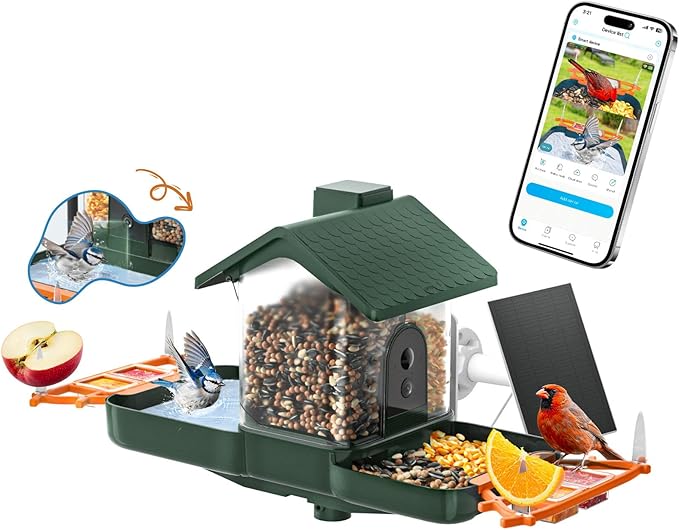 Bird Feeder with Camera and Bath, Dual-Lens 2K HD Video, AI Bird Identification, Solar Powered, Instant Alerts, IP66 Weatherproof - Best Gifts for Bi rd Lovers