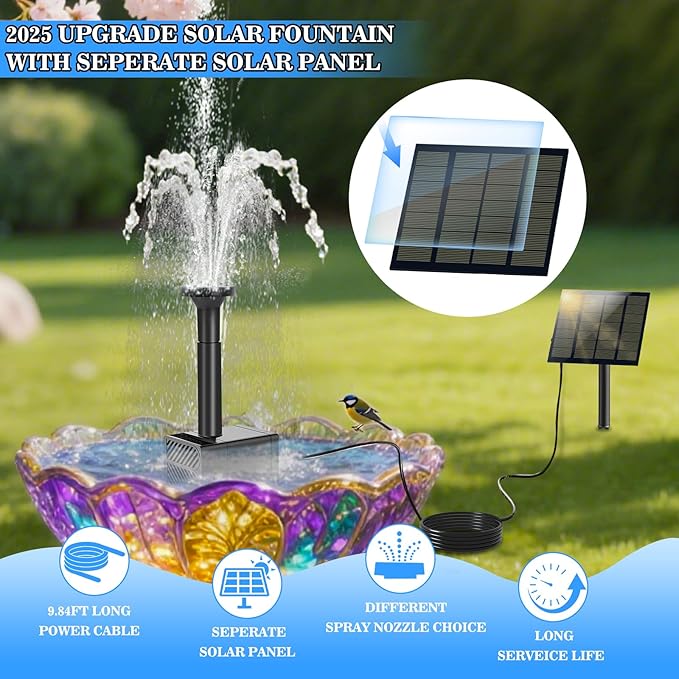 Solar Water Fountain for Bird Bath Upgrade Solar Panel Adjustable Flow Water Fountain 2W 7V Solar Powered Water Pump for Water Feature Small Pond
