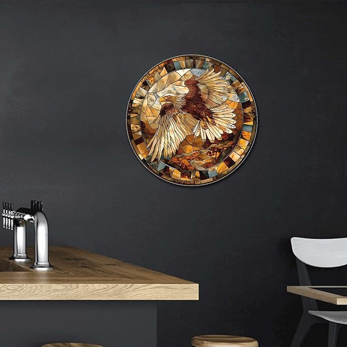 Lygond Metal Sign Tin Sign Circular Stained Glass Eagle Funny Gardening Gift For Restaurant 8×8 Inches