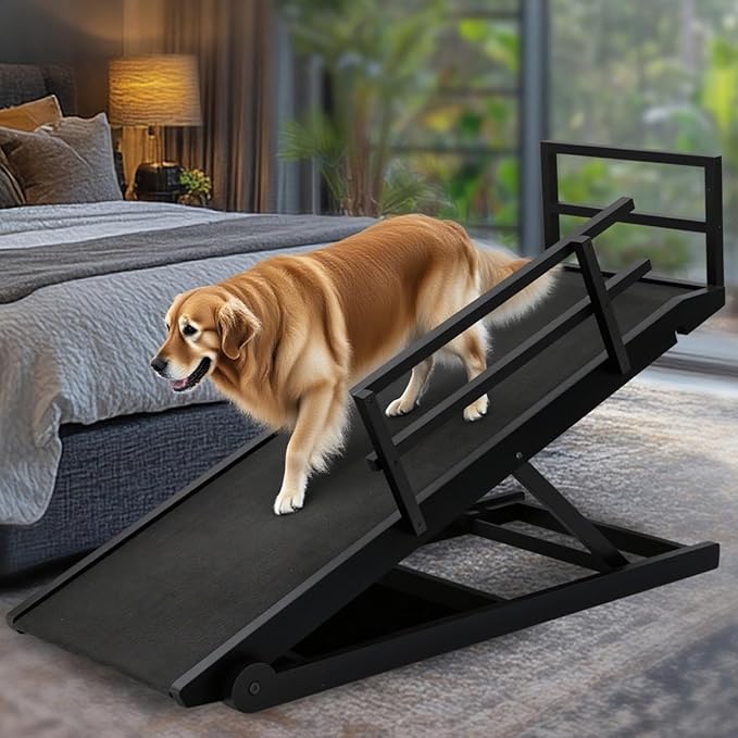 Dog Ramp for Bed, 5 Level Adjustable Dog Ramp for High Beds, Upgrade Rubber Mat High Traction Ramp with Safety Rails, Folding Pet Ramp for Bed, Couch,SUV, Natural Wood Pet Ramp for Small & Old Dogs