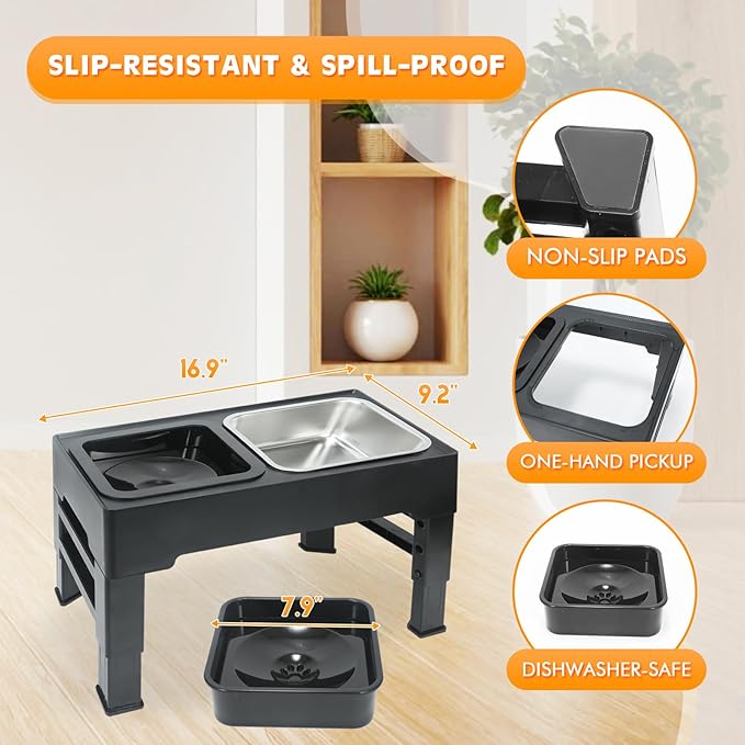 Elevated Dog Bowls with 3 Adjustable Heights, Raised Bowl Stand for Medium & Large Dogs, 1L Food and Water Feeder, Adjustable Pet Dish Station-Grey