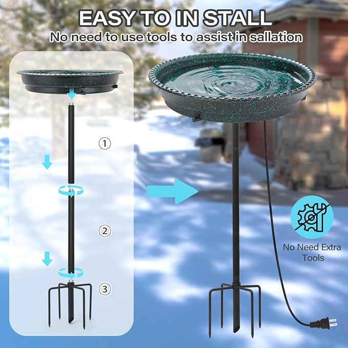 Heated Bird Bath for Outdoors,75W Bird Bath Water Heater Bird Bath Deicer,Heated Bird Baths Thermostat Control Weather Resistance Available with Stable Metal Pole for All Seasons-Green
