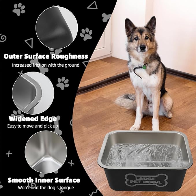 3 Gallons Large Dog Water Bowl, High Capacity Stainless Steel Dog Bowls, Indoor Outdoor Water Bowl for Dogs Metal Pet Food Dish for Medium Large Giant Breed Easy to Clean (Black)