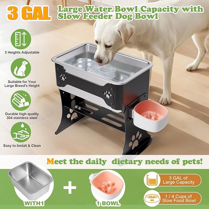 3 Gallon Elevated Large Dog Water Bowl, 3 Height Adjustable Stainless Steel Raised Dog Water Bowl Stand for Large Breed, Metal Pet Bowl Stand for Relief Joint Pressure, Easy Clean (Black)