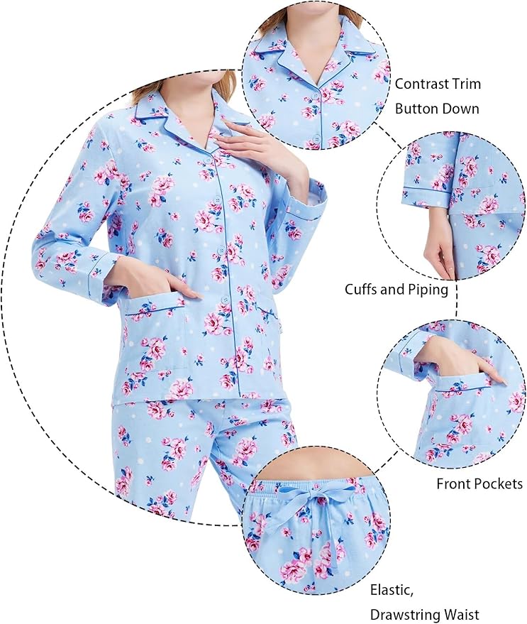 GLOBAL Flannel Pajamas for Women 2-Piece Comfy and Cozy Flannel Pj Set Cotton Loungwear