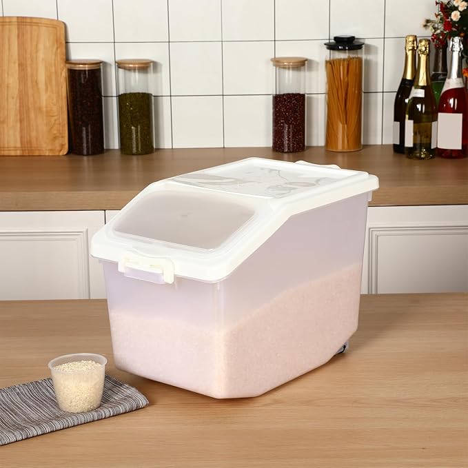Sunnyray 4 Pcs Rice Storage Container 27.5 lb Airtight Flour Container with Wheels Measuring Cup White Pet Food Dog Cat Birds Food Bin Grain Cereal Organizer Box for Dry Baking Supplies