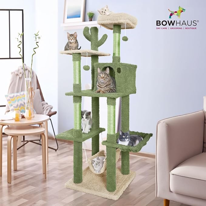 CAPHAUS Cactus Cat Tree for Indoor Cats, Cute 70-Inch Cat Climbing Play Tower with Top Perch for Large Cats Kittens, Multi-Level Cat Activity Tree with Scratching Posts, Hammock, Cat Cave Condo
