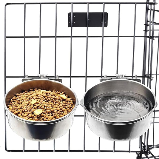 Hamiledyi 2 Pcs Dog Crate Bowl Stainless Steel Puppy Bowls Sturdy Spill-Proof Pet Water Bowl Hanging Water/Food Metal Bowls for Puppy Medium-Sized Dogs Cats (7'' x 2.6'')