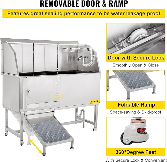 VEVOR Dog Grooming Tub, 62" L Pet Wash Station, 304 Stainless Steel Pet Grooming Tub Rated 661LBS Load Capacity, Non-Skid Dog Washing Station Comes with Ramp, Faucet, Sprayer and Drain Kit