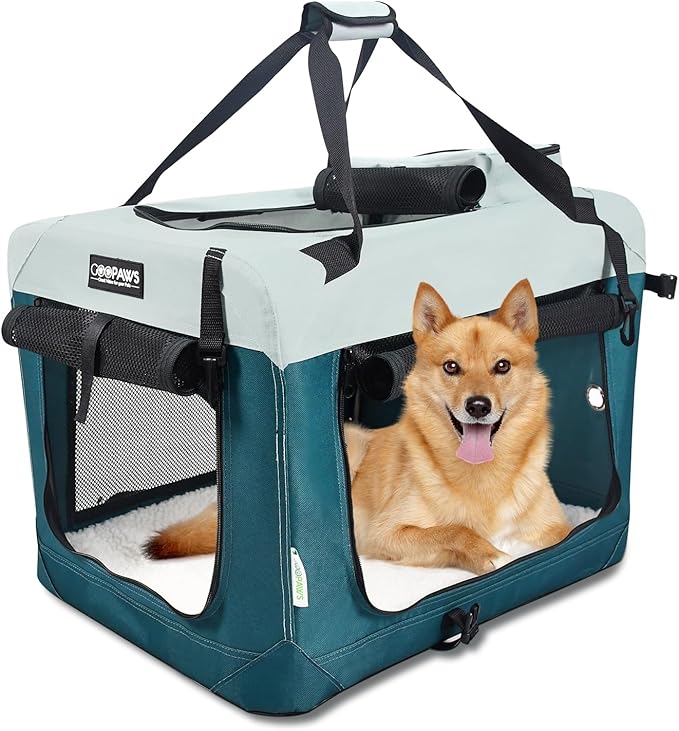 JESPET Soft Dog Crates Kennel for Pets, 3 Door Soft Sided Folding Travel Pet Carrier with Straps and Fleece Mat for Dogs, Cats, Shale Green, 36'' (8-Teal Blue, Large(30" L x 21" W x 23" H))