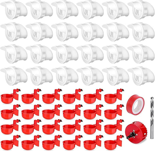 24 Pcs Chicken Feeder Kit and 24 Pcs Water Cup Kit, Gravity Poultry Waterer Cup and Poultry Feeder Port Set with Hole Saw and Sealing Tape, Chicken Feeder No Waste for Duck Bird Quail