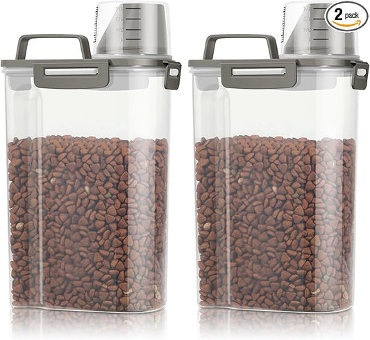 TBMax Small Dog Cat Food Storage Containers 2 Pack, Travel-Friendly Pet Food Container with Spout & Measuring Cup, Kid-Friendly Pet Feeding Dispenser, Portable Dog Treat Bird Seed Container -Grey