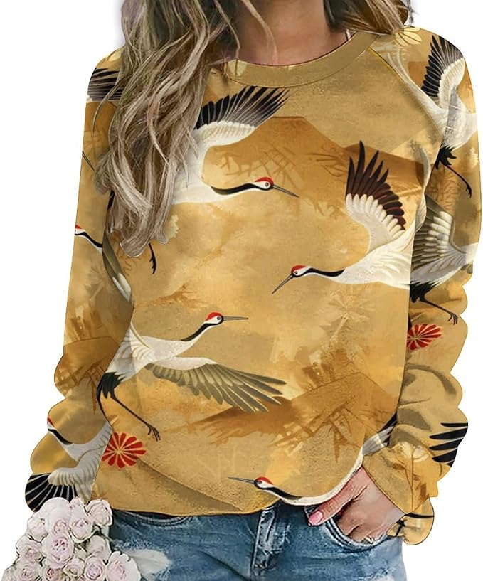Womens Long Sleeve Tops Y2k Japanese Art Print Sweatshirts Fall Pullover for Women Crewneck Vintage Shirts Boho Tops